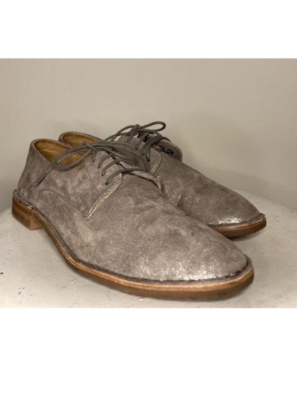 Trask Ana Suede Pewter Metallic Leather Oxford Loafers Lace Up Shoes Size 8